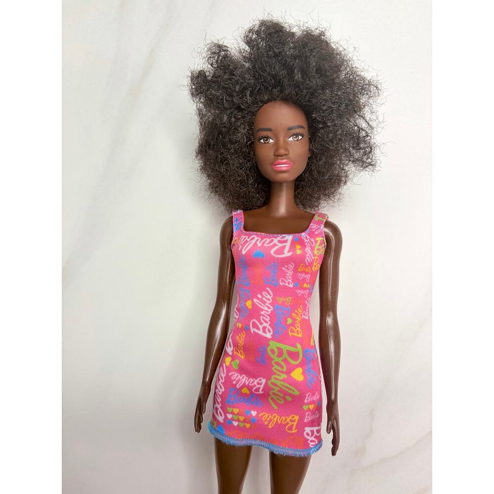 Logo Barbie Mattel Barbie Doll - African American BARBIE Afro Pink Logo Dress